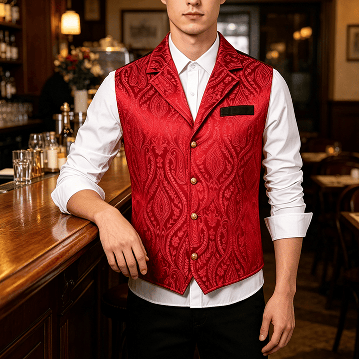 Gilet da uomo in ciniglia stile gotico con motivo floreale jacquard vittoriano, elegante e formale. - Vino - 2XL - image 5