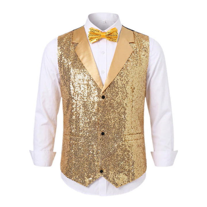 Completo da uomo composto da 2 pezzi: gilet da festa con paillettes dorate e glitter e papillon. - image 10