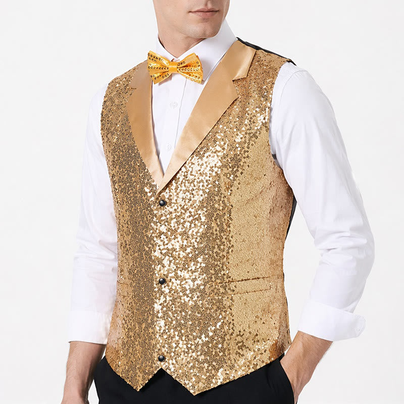 Completo da uomo composto da 2 pezzi: gilet da festa con paillettes dorate e glitter e papillon. - image 3