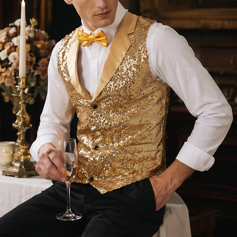 Completo da uomo composto da 2 pezzi: gilet da festa con paillettes dorate e glitter e papillon. - Oro - 2XL - image 0