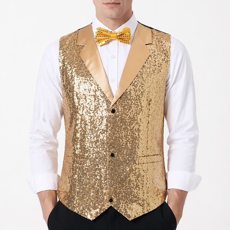 Completo da uomo composto da 2 pezzi: gilet da festa con paillettes dorate e glitter e papillon. - image 1