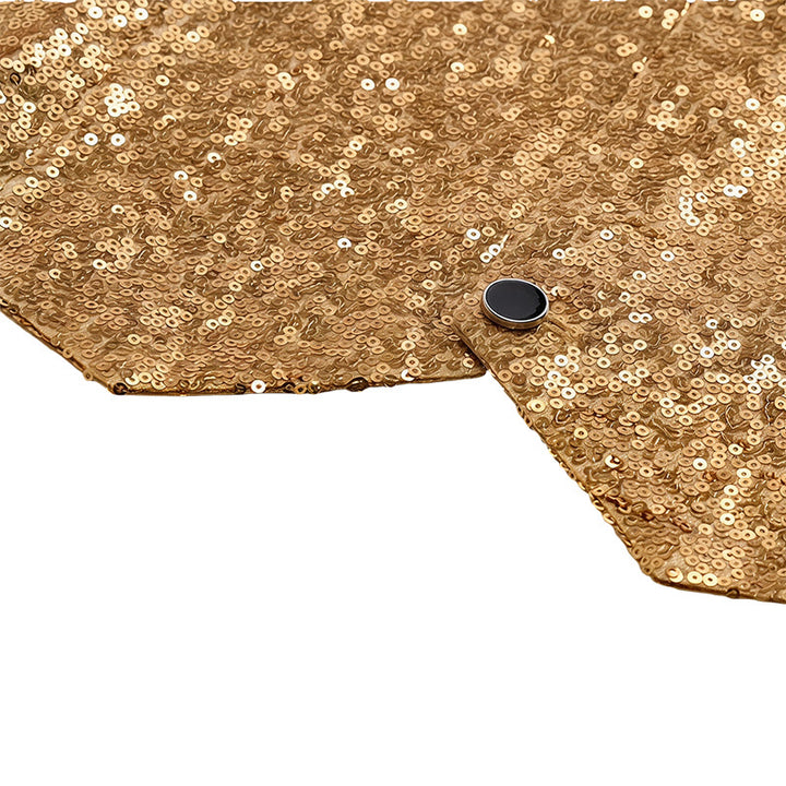 Completo da uomo composto da 2 pezzi: gilet da festa con paillettes dorate e glitter e papillon. - image 7