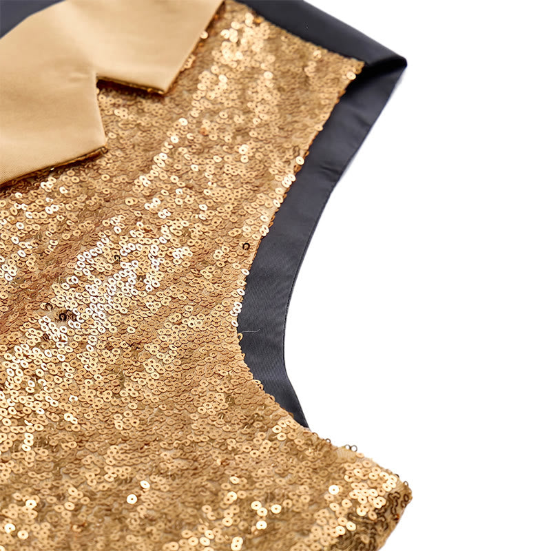 Completo da uomo composto da 2 pezzi: gilet da festa con paillettes dorate e glitter e papillon. - image 8