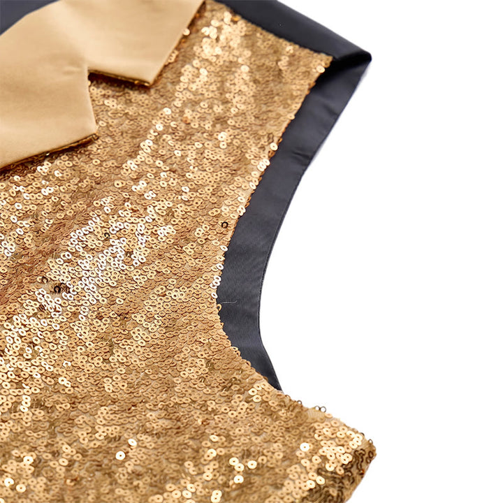Completo da uomo composto da 2 pezzi: gilet da festa con paillettes dorate e glitter e papillon. - image 8