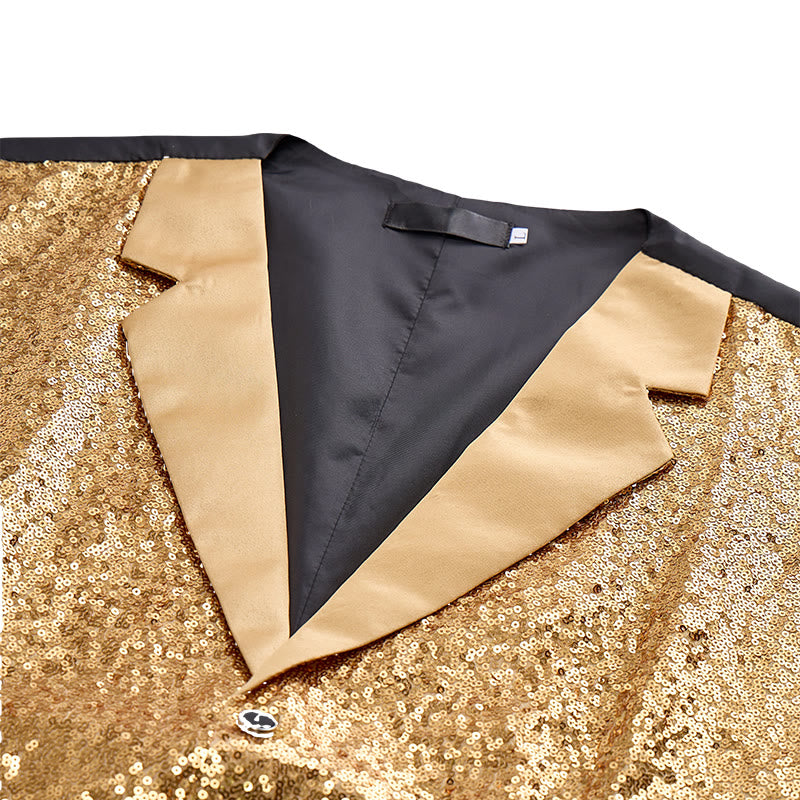 Completo da uomo composto da 2 pezzi: gilet da festa con paillettes dorate e glitter e papillon. - image 5