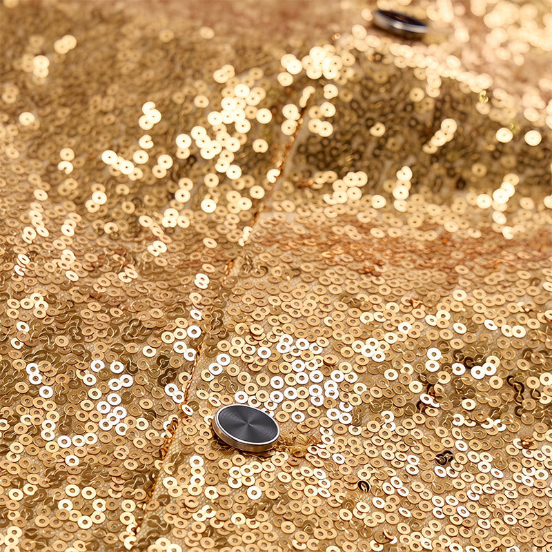 Completo da uomo composto da 2 pezzi: gilet da festa con paillettes dorate e glitter e papillon. - image 6