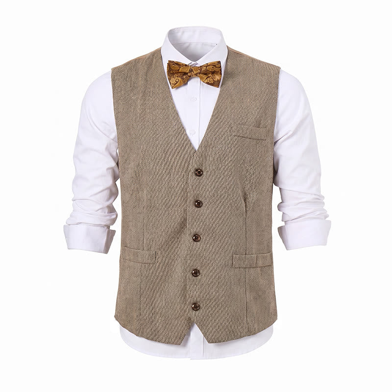 Completo da uomo composto da 2 pezzi: gilet da abito formale color kaki rustico con papillon a fantasia paisley. - image 10