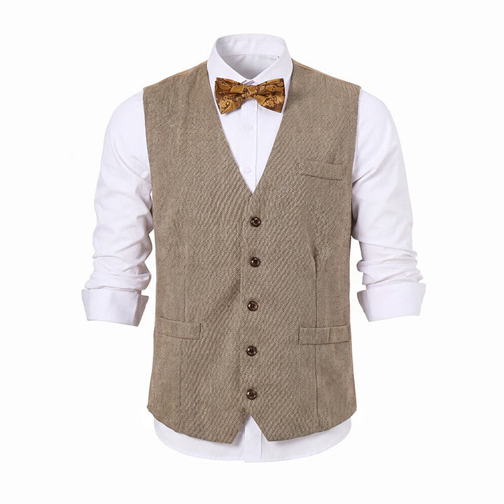 Completo da uomo composto da 2 pezzi: gilet da abito formale color kaki rustico con papillon a fantasia paisley. - image 10
