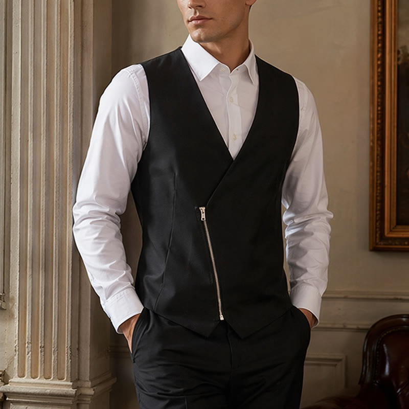 Gilet da uomo moderno con scollo a V e cerniera asimmetrica - Nero - 2XL - image 4