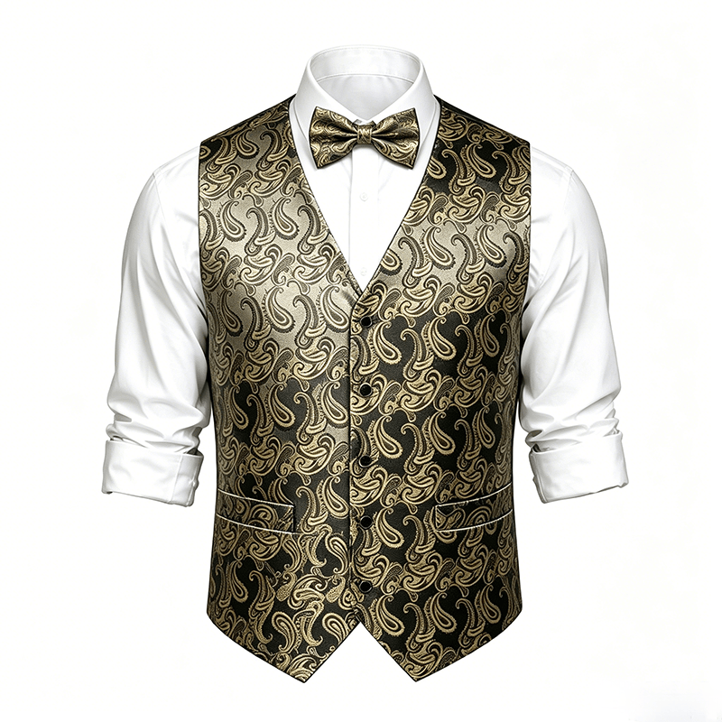 Gilet da uomo in jacquard con stampa paisley floreale e papillon. - image 18