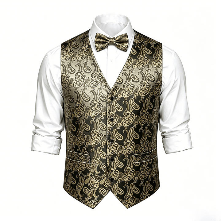 Gilet da uomo in jacquard con stampa paisley floreale e papillon. - image 18
