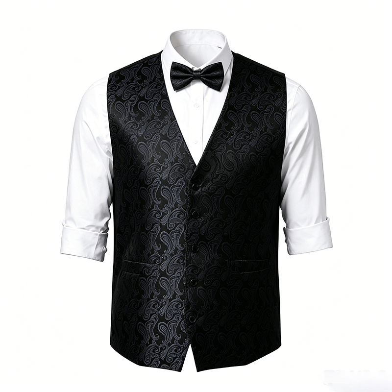 Gilet da uomo in jacquard con stampa paisley floreale e papillon. - image 21
