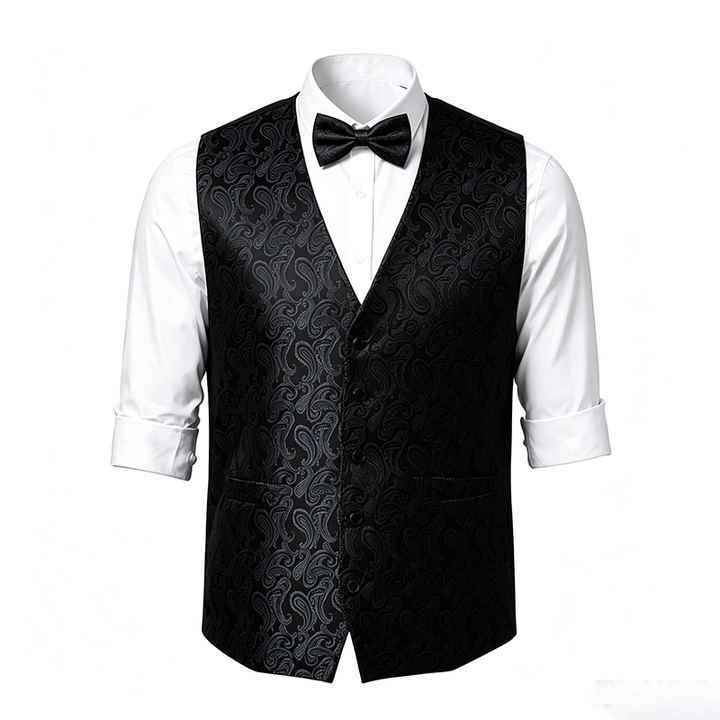 Gilet da uomo in jacquard con stampa paisley floreale e papillon. - image 21