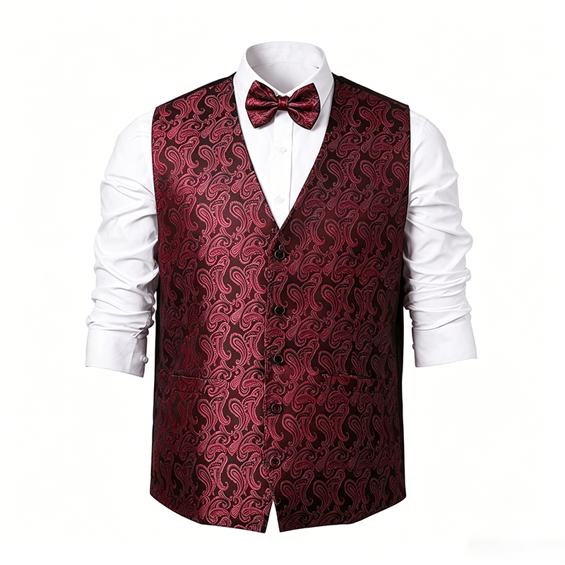 Gilet da uomo in jacquard con stampa paisley floreale e papillon. - image 22