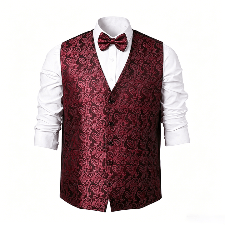 Gilet da uomo in jacquard con stampa paisley floreale e papillon. - image 22