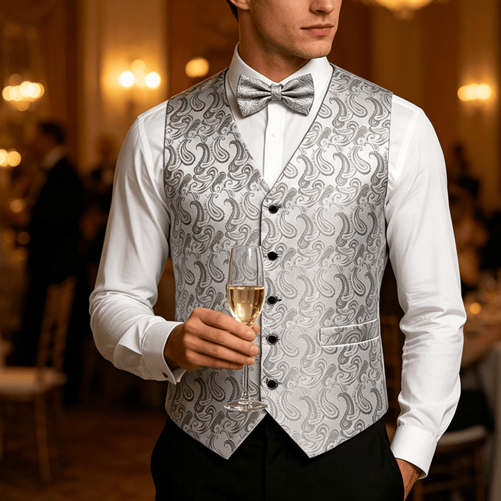 Gilet da uomo in jacquard con stampa paisley floreale e papillon. - Bianco e argento - 3XL - Contiene papillon in omaggio - image 5