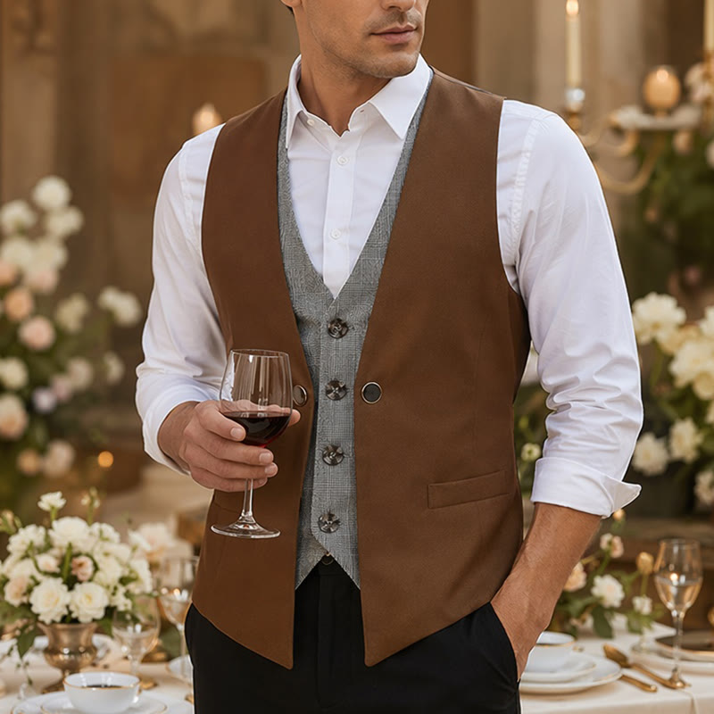 Gilet da uomo in stile urbano bicolore con design a strati effetto finto - Marrone - 2XL - image 4