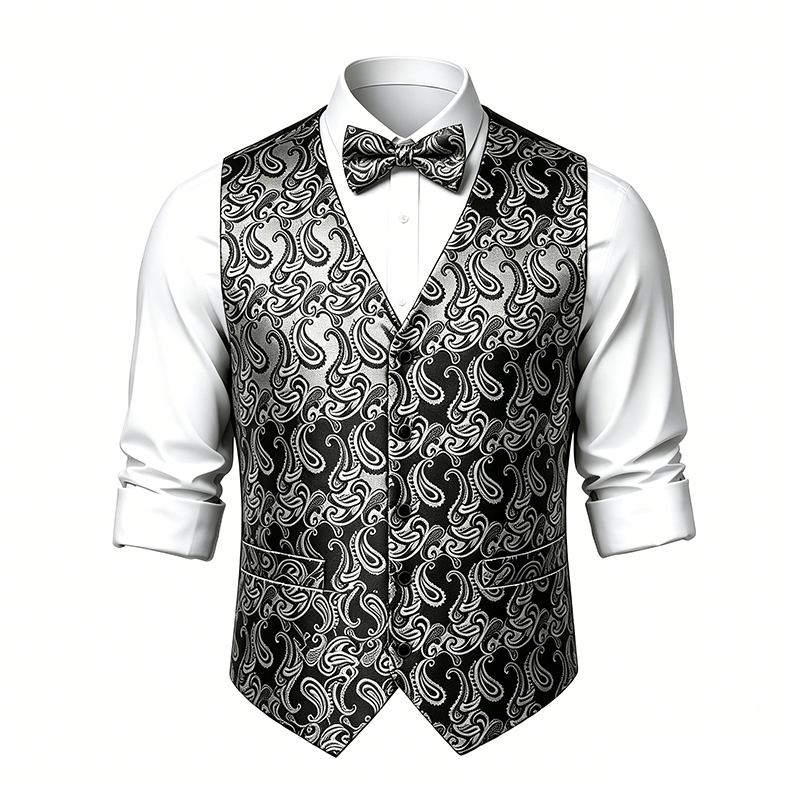 Gilet da uomo in jacquard con stampa paisley floreale e papillon. - image 20