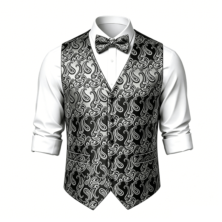 Gilet da uomo in jacquard con stampa paisley floreale e papillon. - image 20