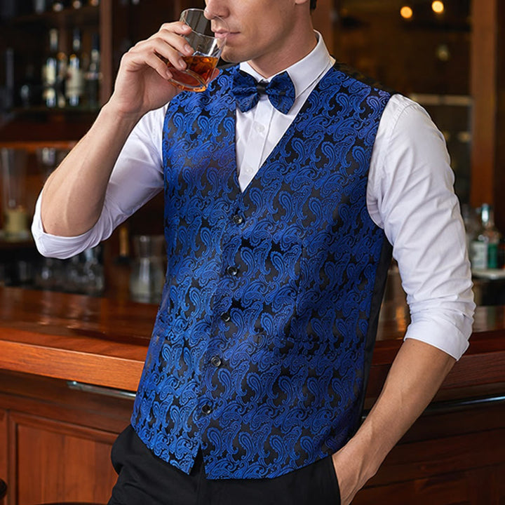 Gilet da uomo in jacquard con stampa paisley floreale e papillon. - Nero e blu reale - 3XL - Contiene papillon in omaggio - image 0