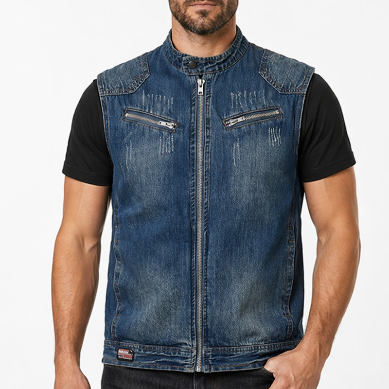 Gilet da uomo Urban Rebel in denim lavato con cerniera, stile biker. - image 1