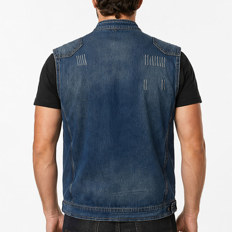 Gilet da uomo Urban Rebel in denim lavato con cerniera, stile biker. - image 2