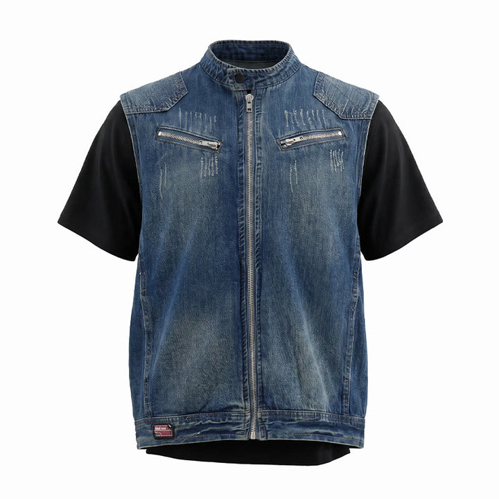 Gilet da uomo Urban Rebel in denim lavato con cerniera, stile biker. - image 8