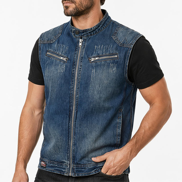 Gilet da uomo Urban Rebel in denim lavato con cerniera, stile biker. - image 3