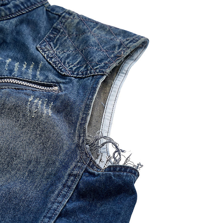 Gilet da uomo Urban Rebel in denim lavato con cerniera, stile biker. - image 7