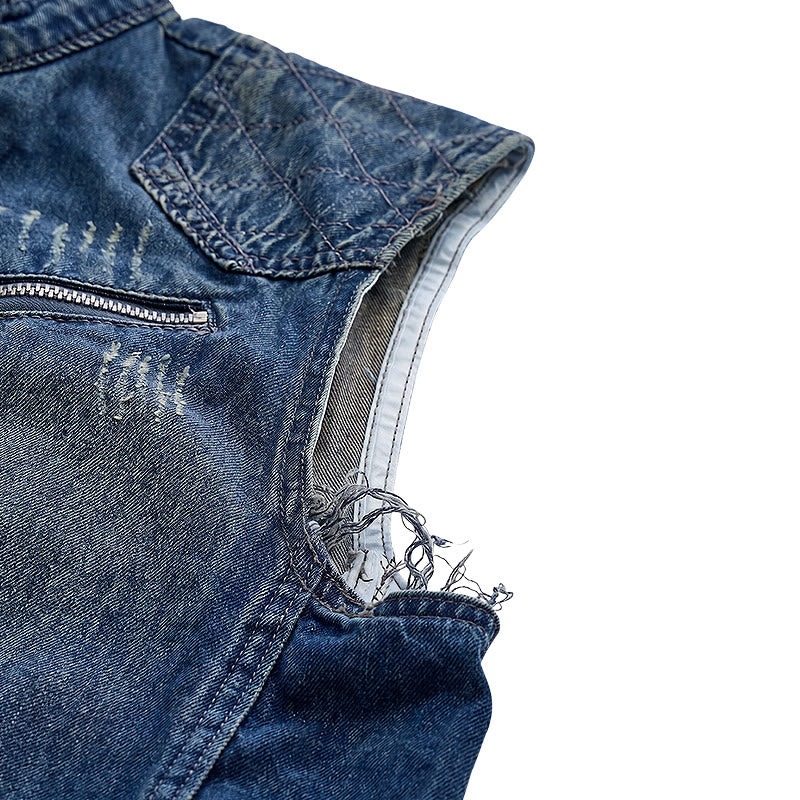 Gilet da uomo Urban Rebel in denim lavato con cerniera, stile biker. - image 7