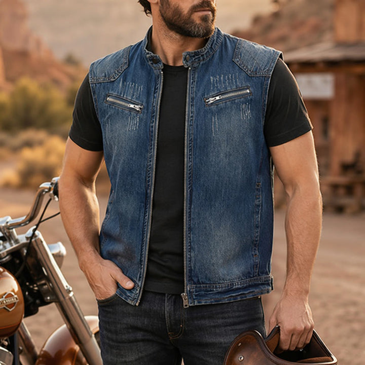 Gilet da uomo Urban Rebel in denim lavato con cerniera, stile biker. - Blu - 6XL - image 0