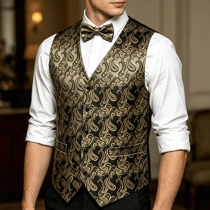 Gilet da uomo in jacquard con stampa paisley floreale e papillon. - Nero e oro - 3XL - Contiene papillon in omaggio - image 4
