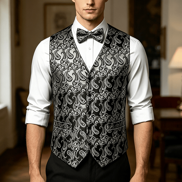 Gilet da uomo in jacquard con stampa paisley floreale e papillon. - Nero e argento - 3XL - Contiene papillon in omaggio - image 6
