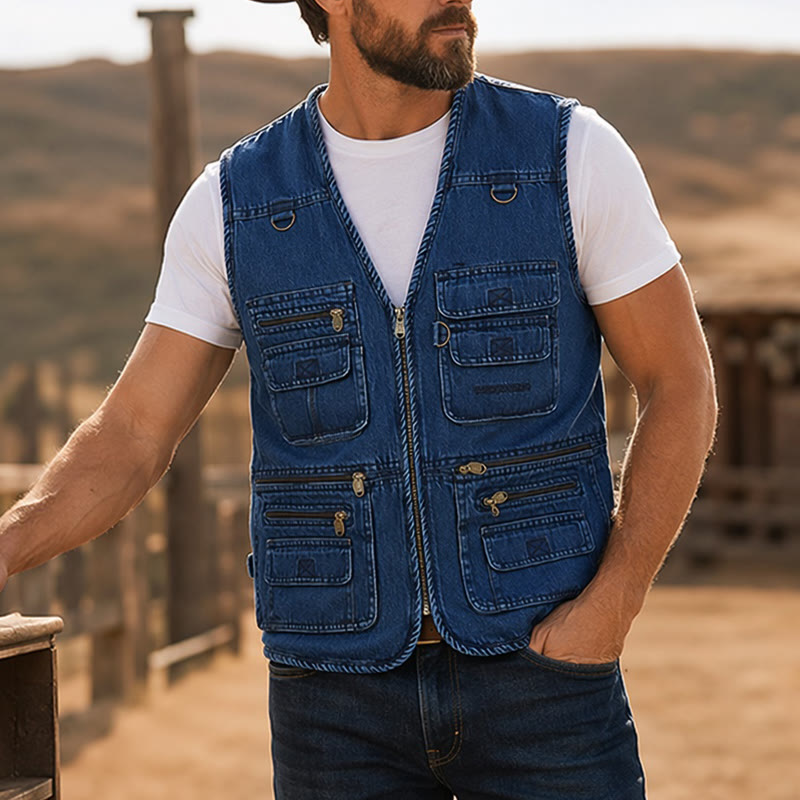 Gilet in denim senza maniche stile techwear vintage con cerniera multipla - Blu - 4XL - image 4