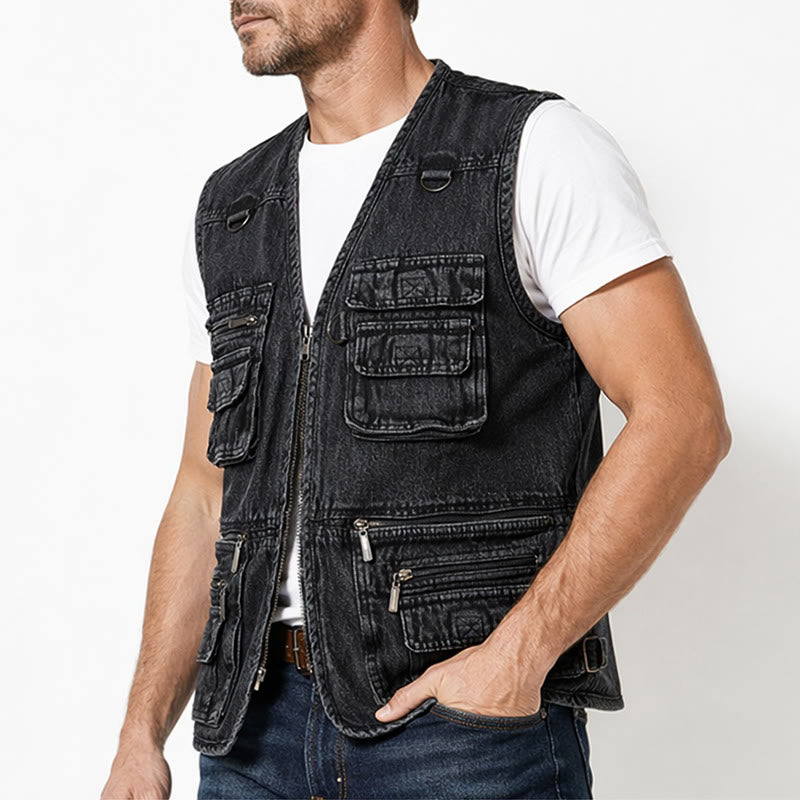 Gilet in denim senza maniche stile techwear vintage con cerniera multipla - image 3