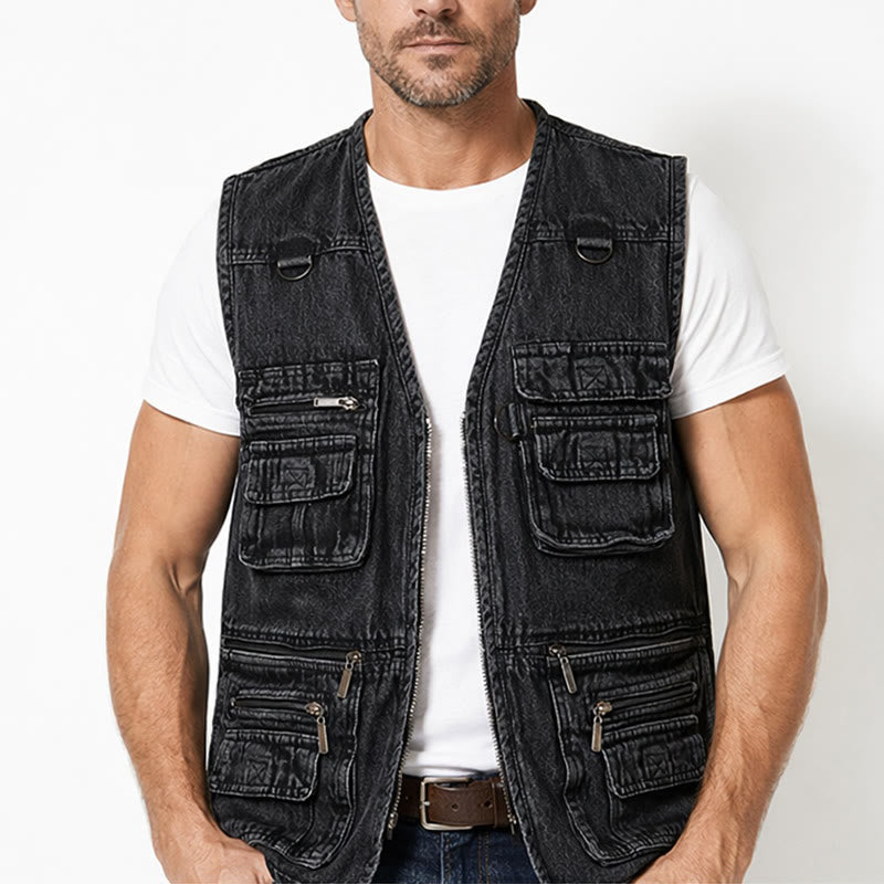Gilet in denim senza maniche stile techwear vintage con cerniera multipla - image 1