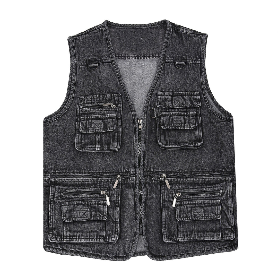 Gilet in denim senza maniche stile techwear vintage con cerniera multipla - image 5