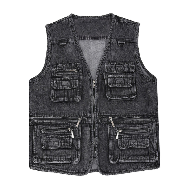 Gilet in denim senza maniche stile techwear vintage con cerniera multipla - image 5