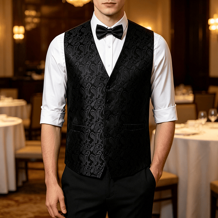 Gilet da uomo in jacquard con stampa paisley floreale e papillon. - Nero - 3XL - Contiene papillon in omaggio - image 8
