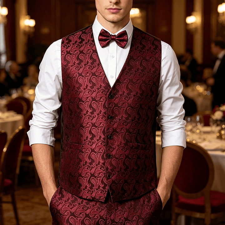Gilet da uomo in jacquard con stampa paisley floreale e papillon. - Nero e Rosso - 3XL - Contiene papillon in omaggio - image 7