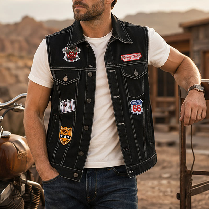 Gilet in denim nero patchwork Highway Rebel - Nero - 5XL - image 0