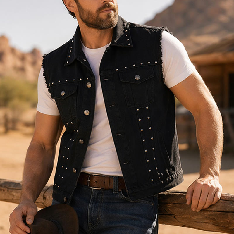 Gilet in denim nero con colletto borchiato, stile punk rock. - Nero - 6XL - image 0