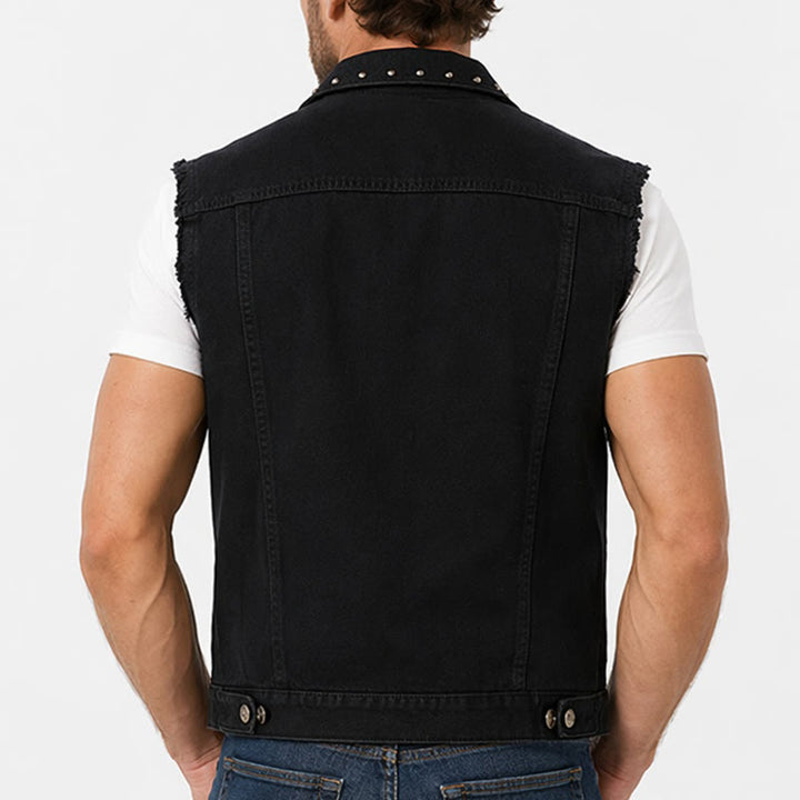 Gilet in denim nero con colletto borchiato, stile punk rock. - image 2