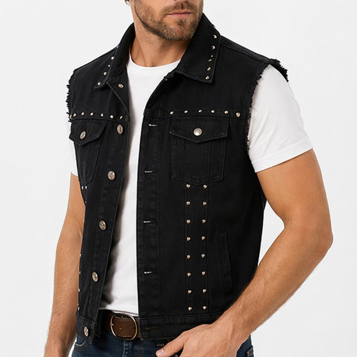 Gilet in denim nero con colletto borchiato, stile punk rock. - image 1