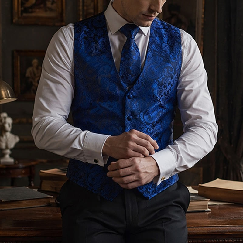 Completo da uomo vintage con gilet in jacquard paisley e abito formale. - Blu scuro - 3XL - image 4