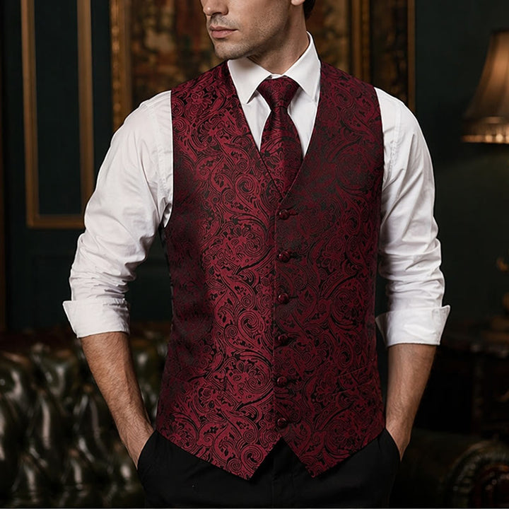 Completo da uomo vintage con gilet in jacquard paisley e abito formale. - Vino - 3XL - image 6