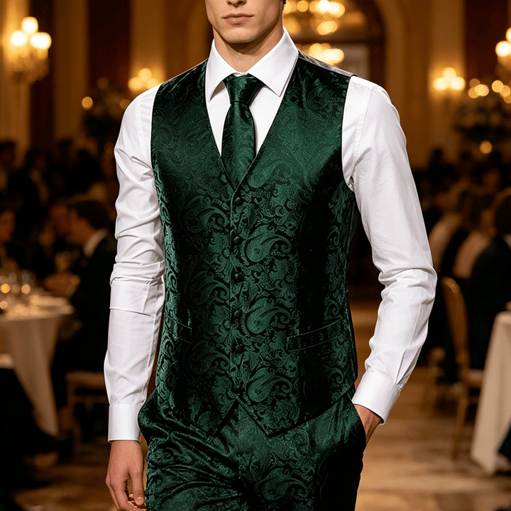 Completo da uomo vintage con gilet in jacquard paisley e abito formale. - Verde scuro - 3XL - image 5