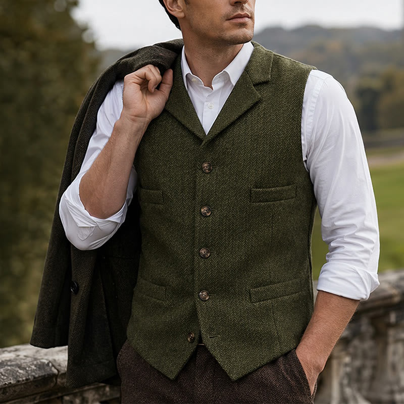 Gilet da abito da uomo a spina di pesce con catena decorativa - Verde militare - 4XL - image 15