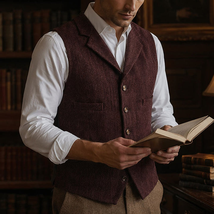 Gilet da abito da uomo a spina di pesce con catena decorativa - Vino - 4XL - image 14