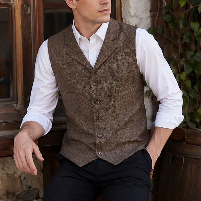 Gilet da abito da uomo a spina di pesce con catena decorativa - Marrone scuro - 4XL - image 0